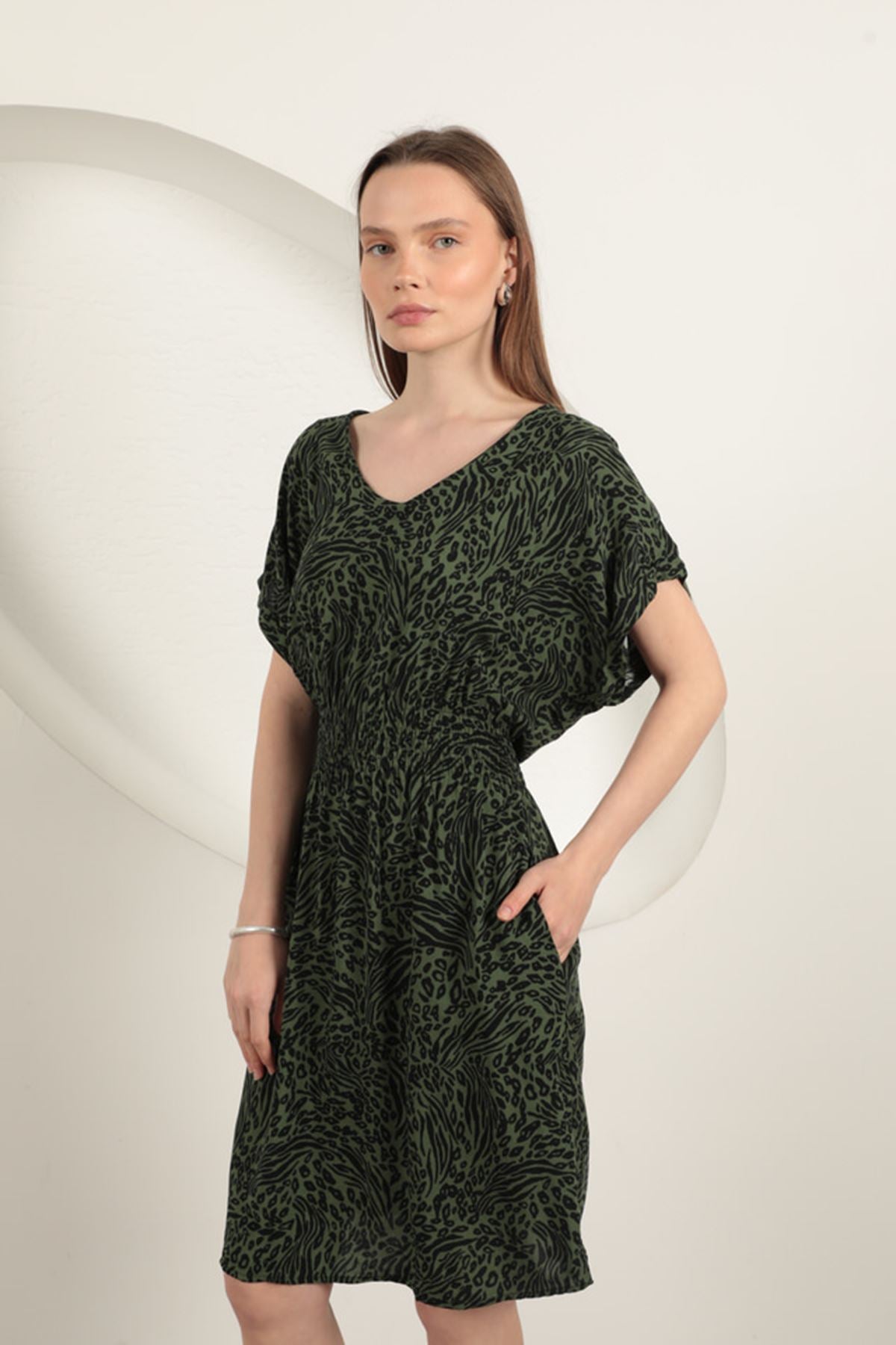 Viskon Kumaş Desenli Elbise-Haki