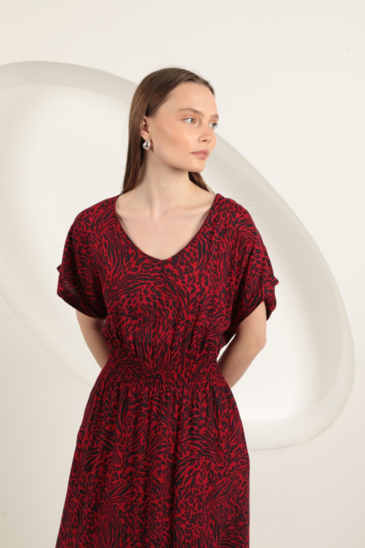 Viskon Kumaş Desenli Elbise-Kırmızı