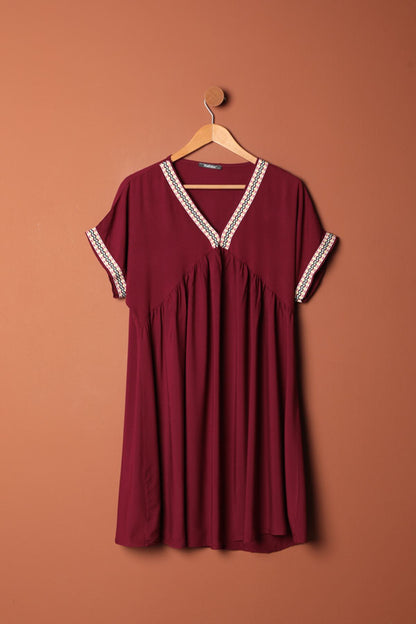 Viskon Kumaş Yakası Kolu Şerit Detaylı Elbise-Bordo