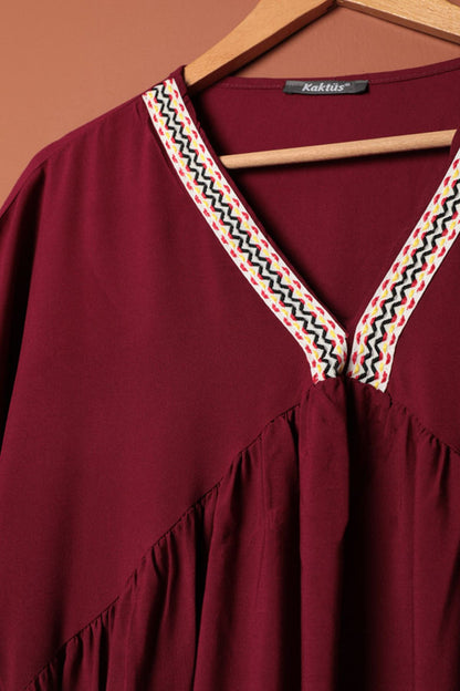 Viskon Kumaş Yakası Kolu Şerit Detaylı Elbise-Bordo