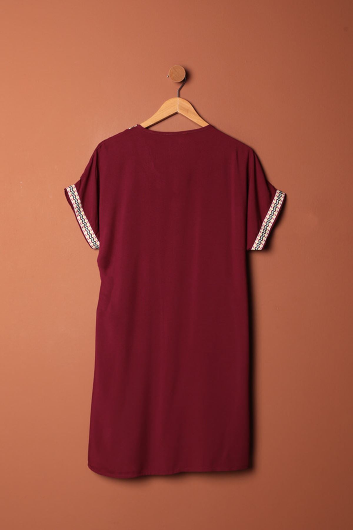 Viskon Kumaş Yakası Kolu Şerit Detaylı Elbise-Bordo