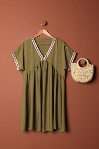 Viskon Kumaş Yakası Kolu Şerit Detaylı Elbise-Haki
