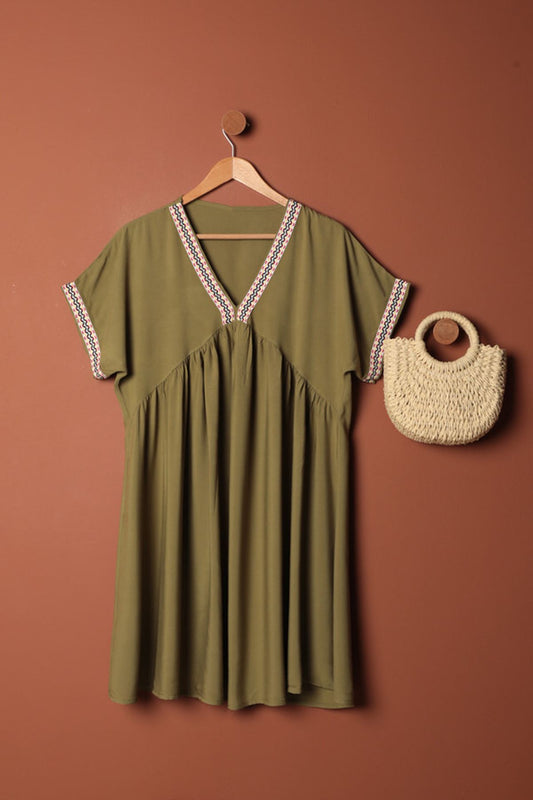 Viskon Kumaş Yakası Kolu Şerit Detaylı Elbise-Haki