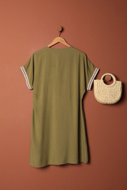 Viskon Kumaş Yakası Kolu Şerit Detaylı Elbise-Haki