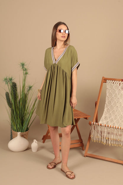 Viskon Kumaş Yakası Kolu Şerit Detaylı Elbise-Haki