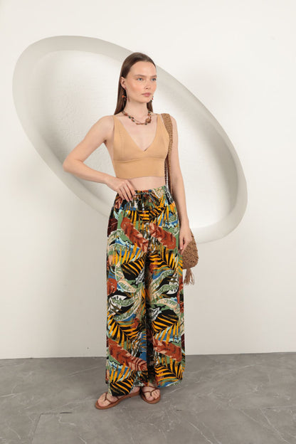 Viskon Kumaş Yaprak Desenli Pantolon-Sarı