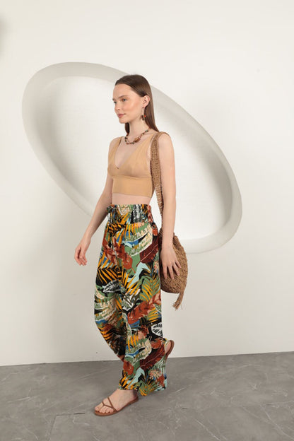 Viskon Kumaş Yaprak Desenli Pantolon-Sarı