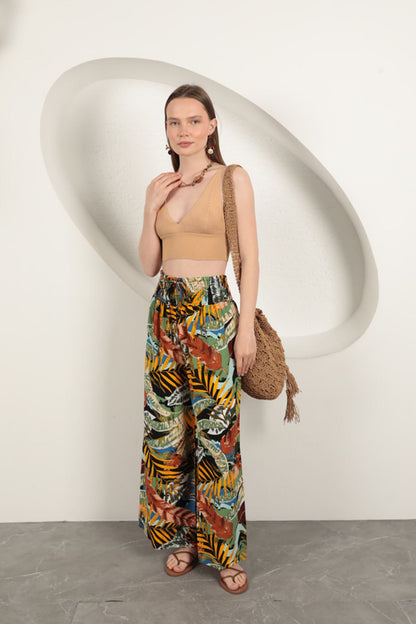 Viskon Kumaş Yaprak Desenli Pantolon-Sarı