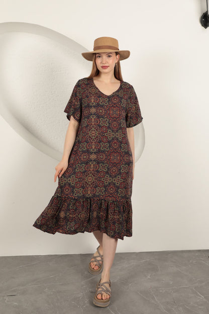 Viskon Kumaş Etnik Elbise-Mor