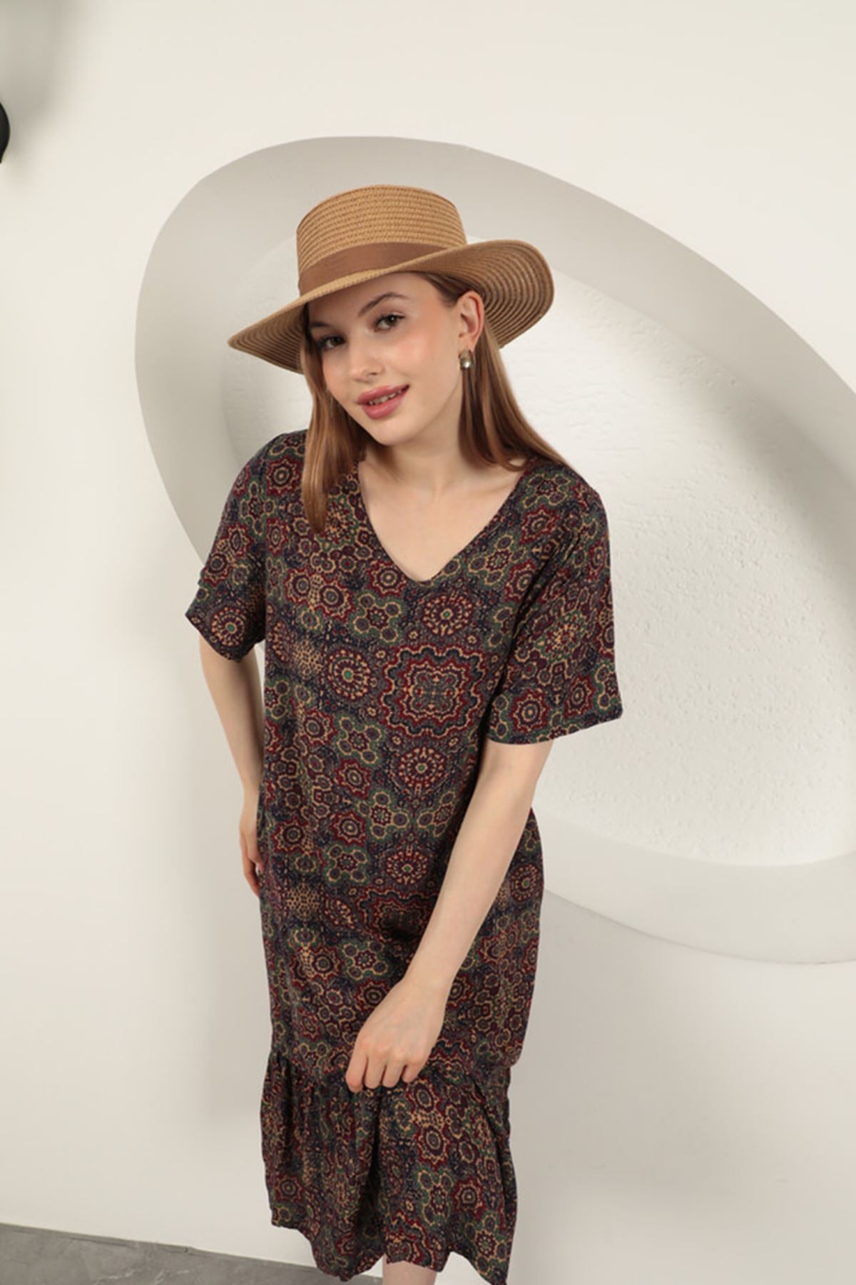 Viskon Kumaş Etnik Elbise-Mor