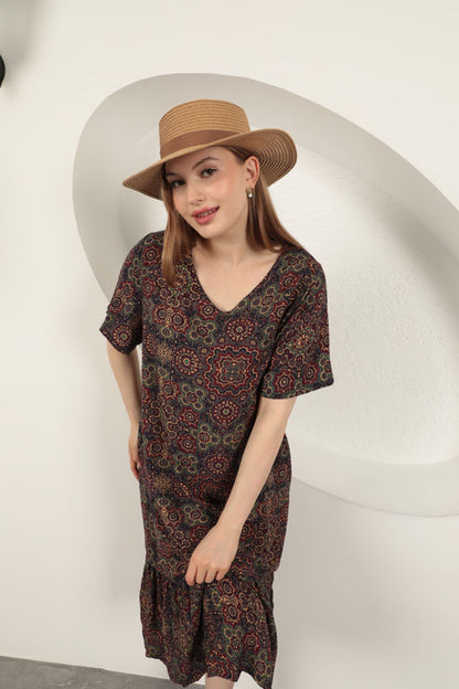 Viskon Kumaş Etnik Elbise-Mor