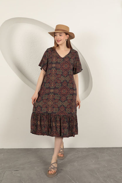 Viskon Kumaş Etnik Elbise-Mor