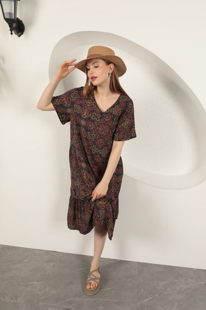 Viskon Kumaş Etnik Elbise-Mor