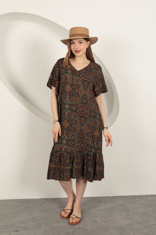 Viskon Kumaş Etnik Elbise-Yeşil