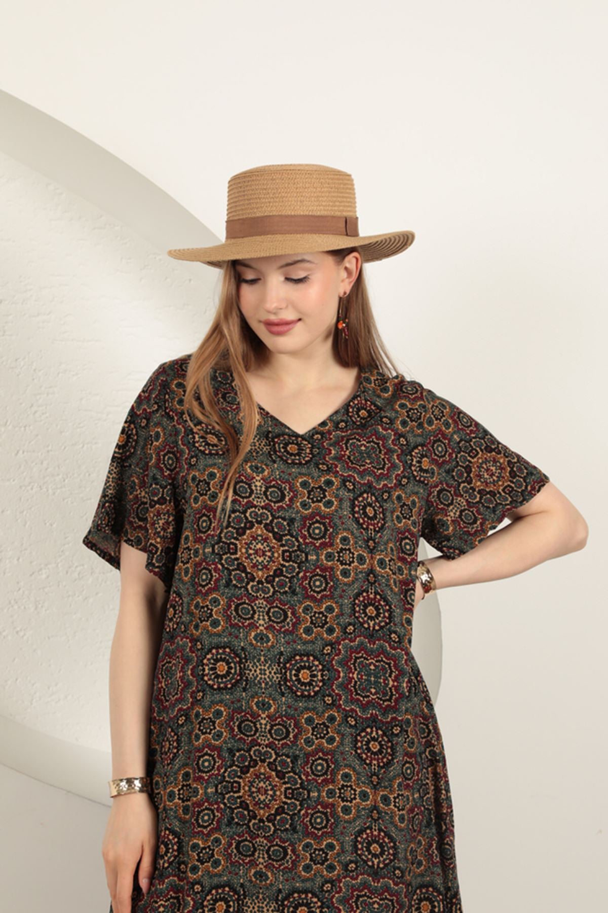 Viskon Kumaş Etnik Elbise-Yeşil