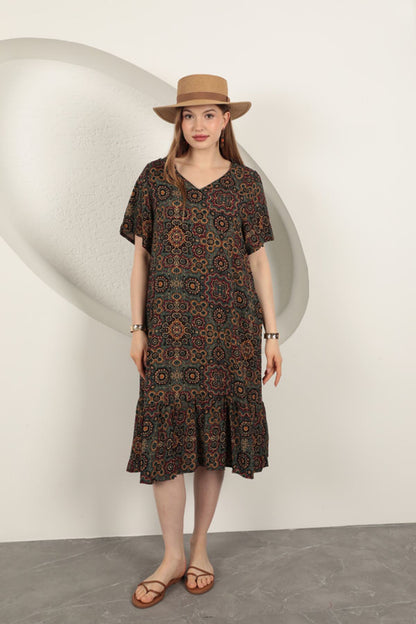 Viskon Kumaş Etnik Elbise-Yeşil