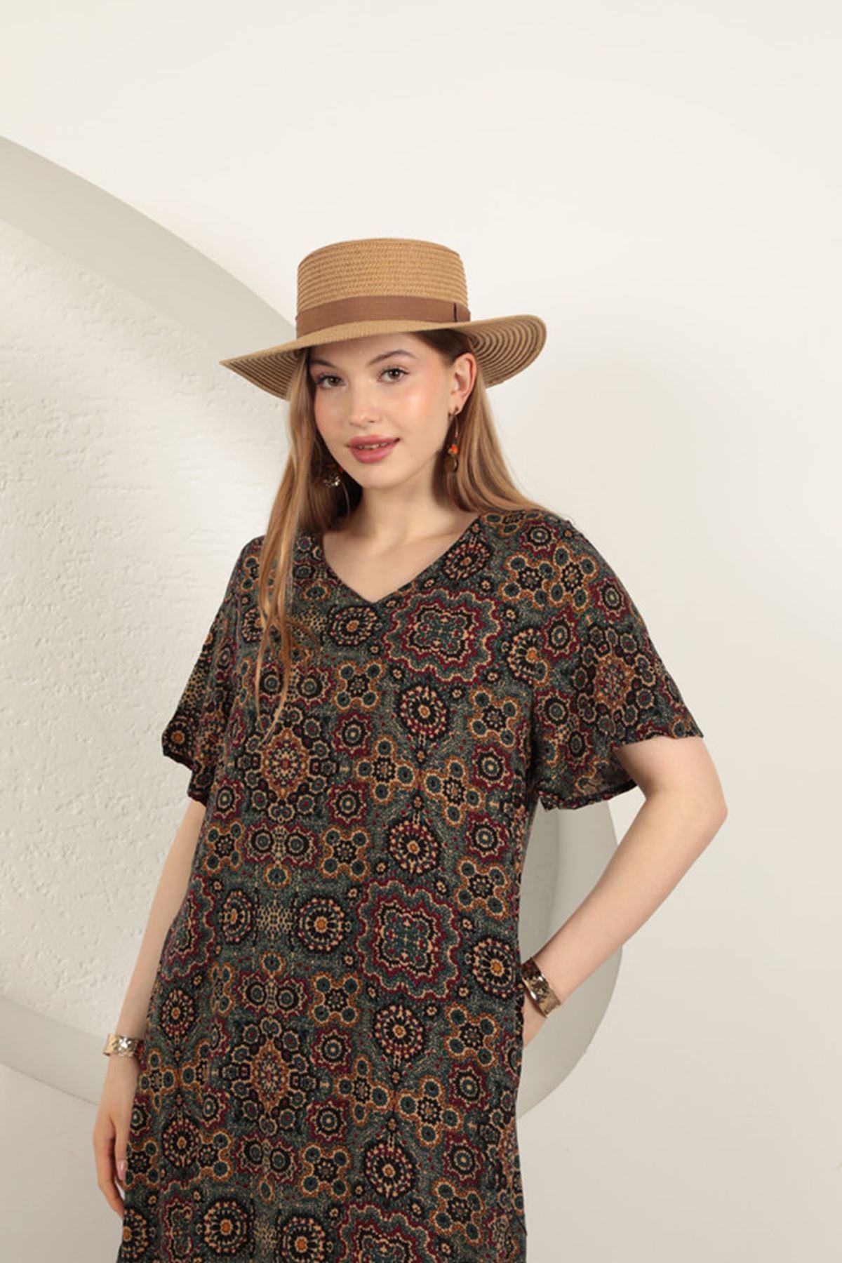 Viskon Kumaş Etnik Elbise-Yeşil