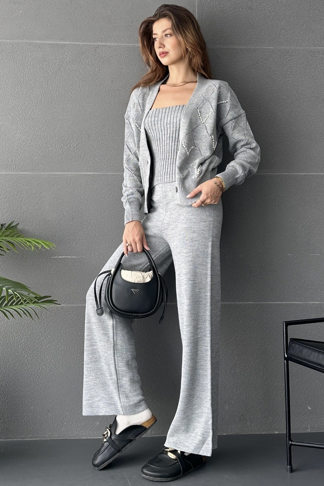 Baklava Desenli Boncuk İşlemeli 3Lü Triko Takım