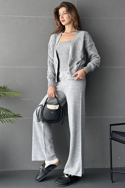 Baklava Desenli Boncuk İşlemeli 3Lü Triko Takım