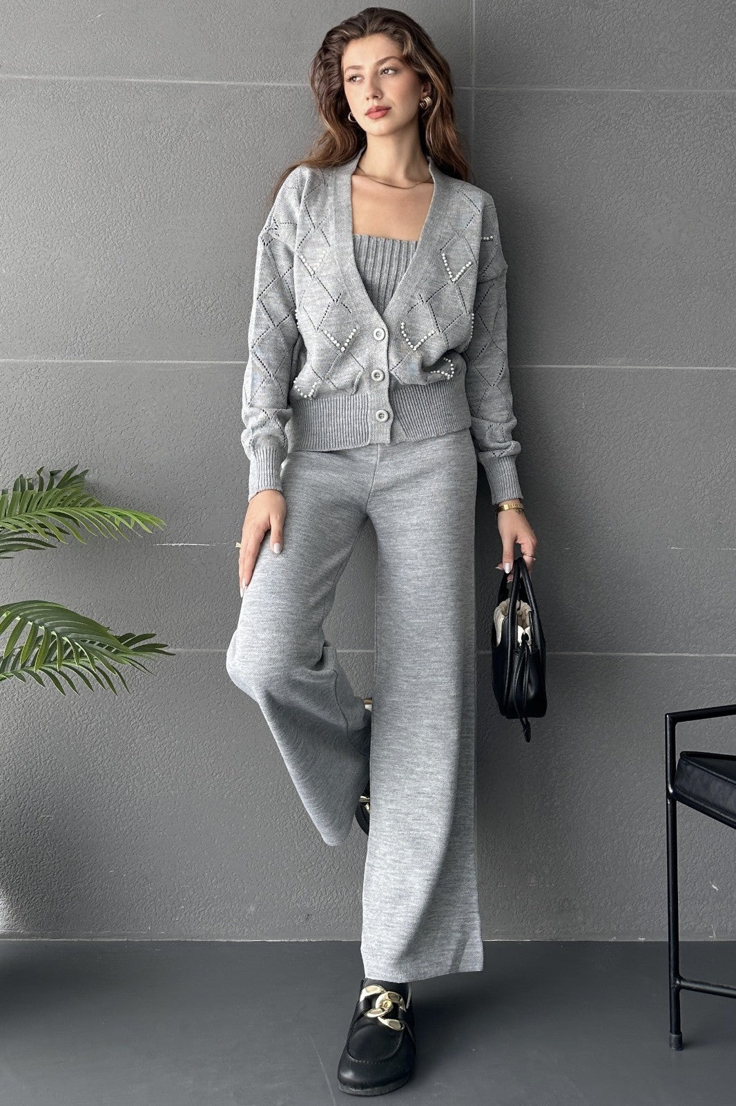 Baklava Desenli Boncuk İşlemeli 3Lü Triko Takım