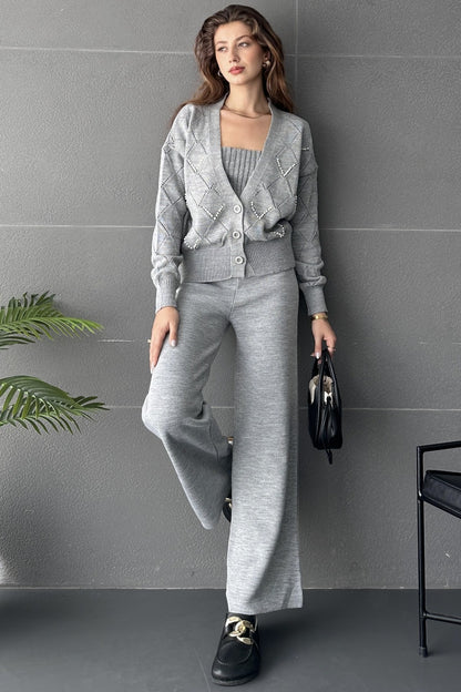 Baklava Desenli Boncuk İşlemeli 3Lü Triko Takım