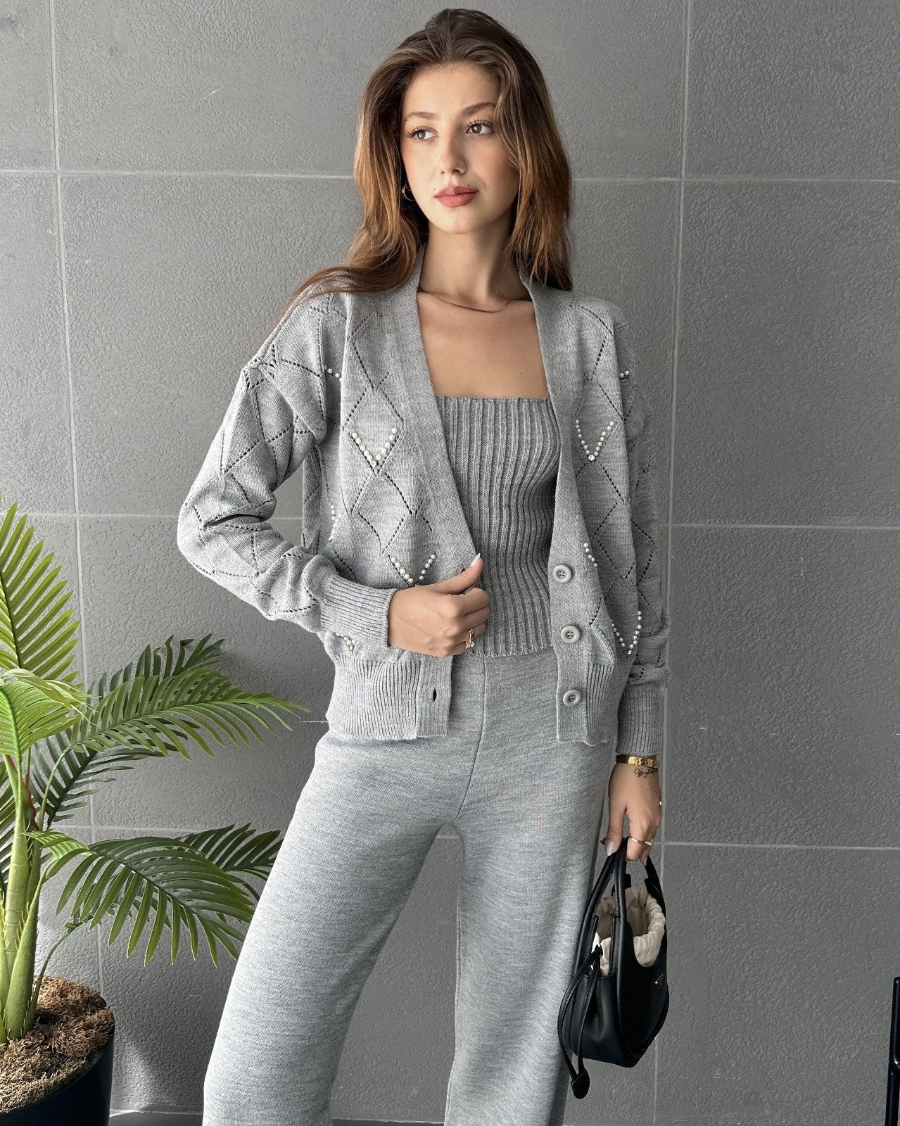 Baklava Desenli Boncuk İşlemeli 3Lü Triko Takım