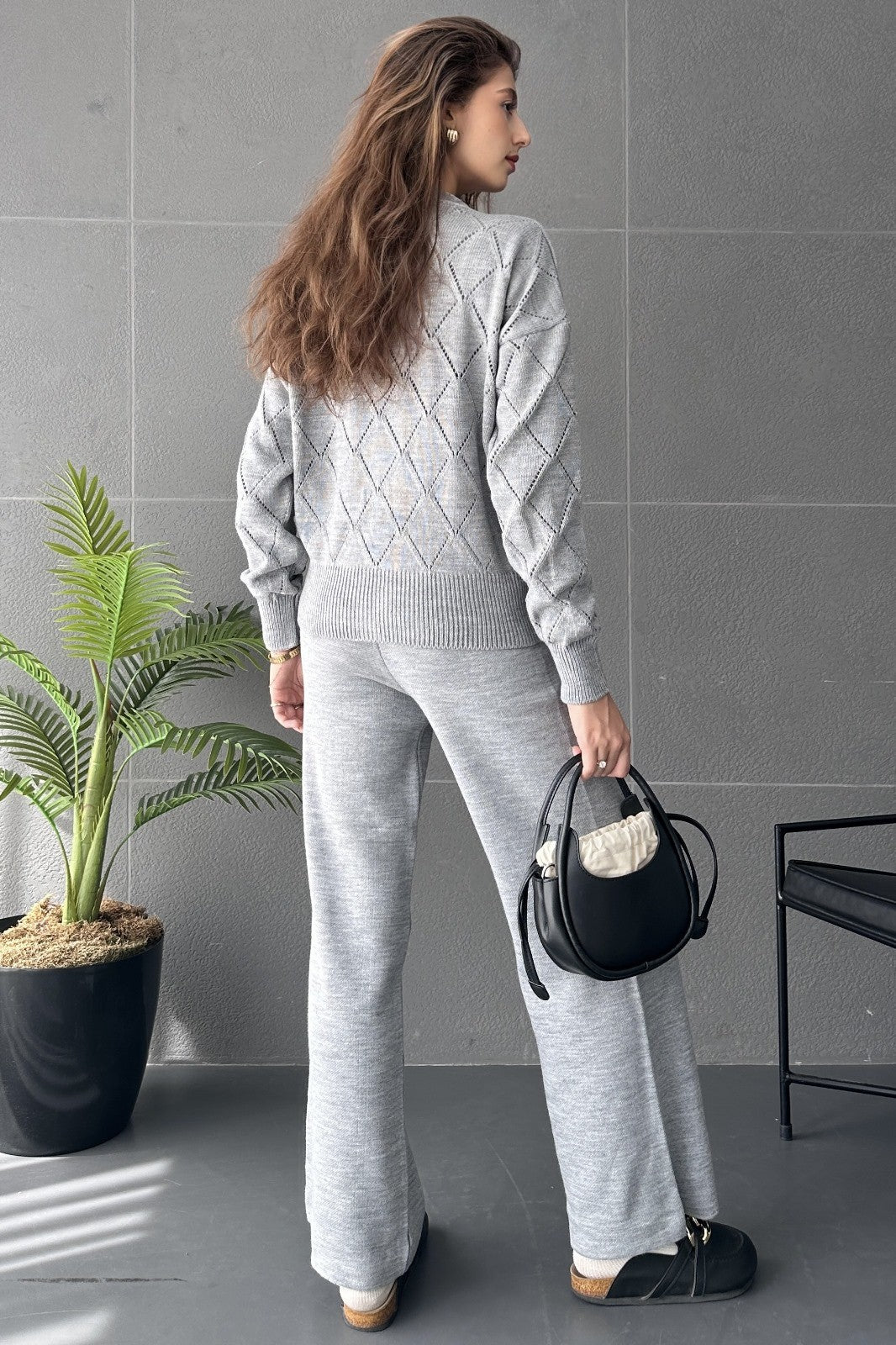 Baklava Desenli Boncuk İşlemeli 3Lü Triko Takım