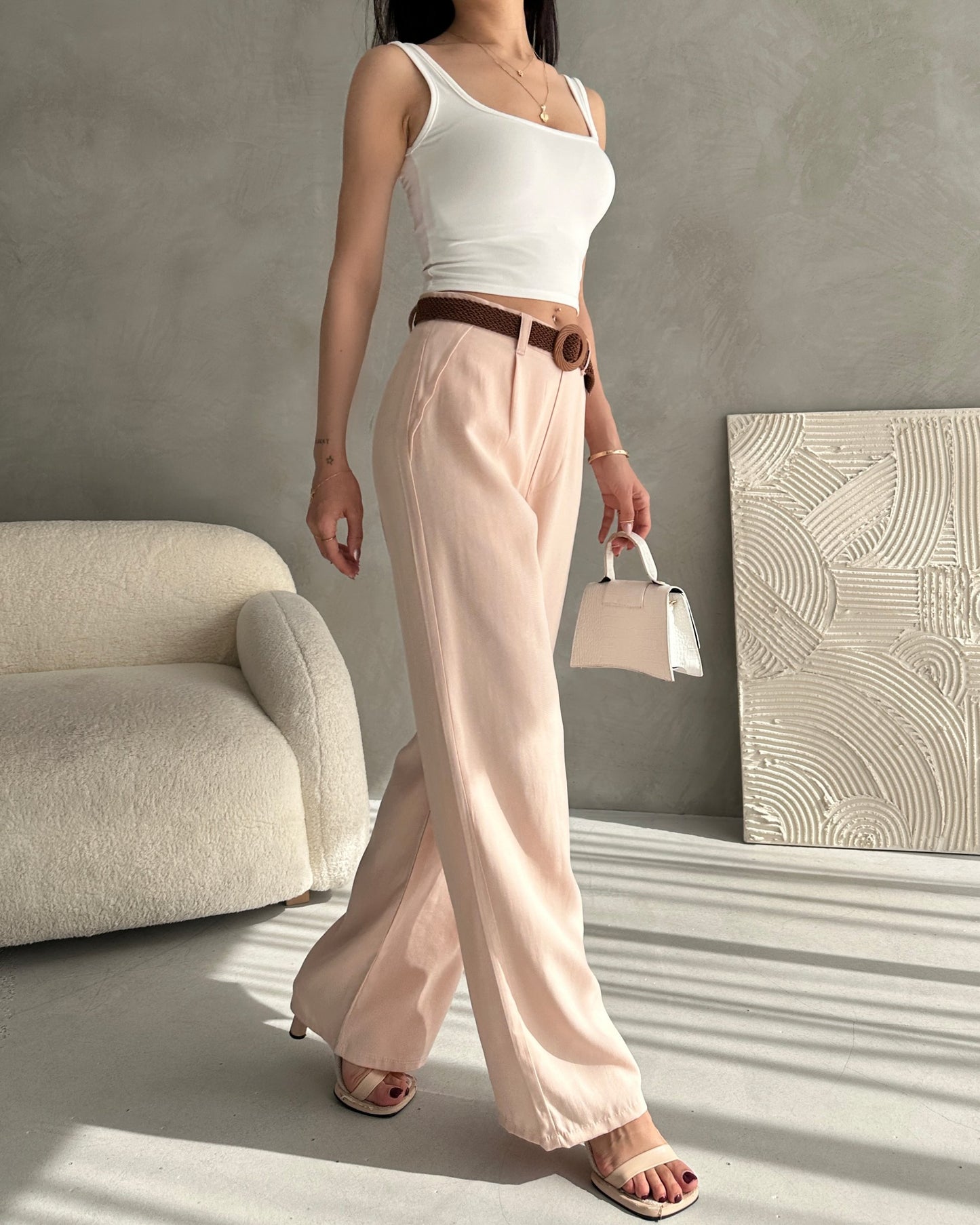 Beli Kemerli Keten Pantolon