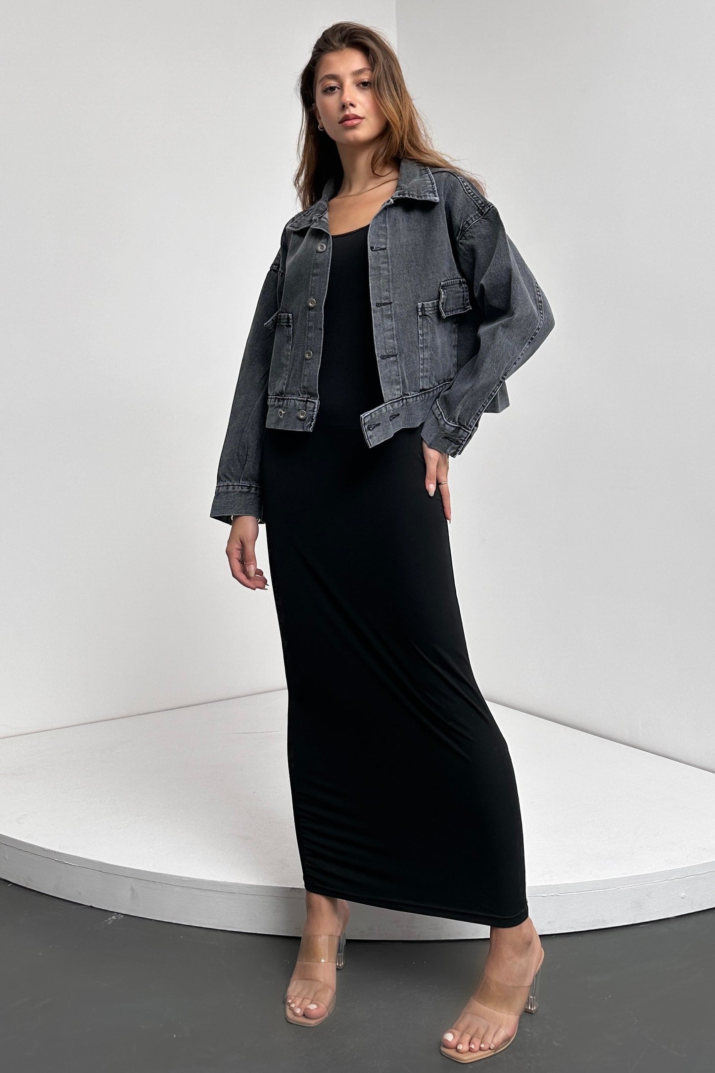 Çift Cep Beli Düğme Detaylı Denim Ceket