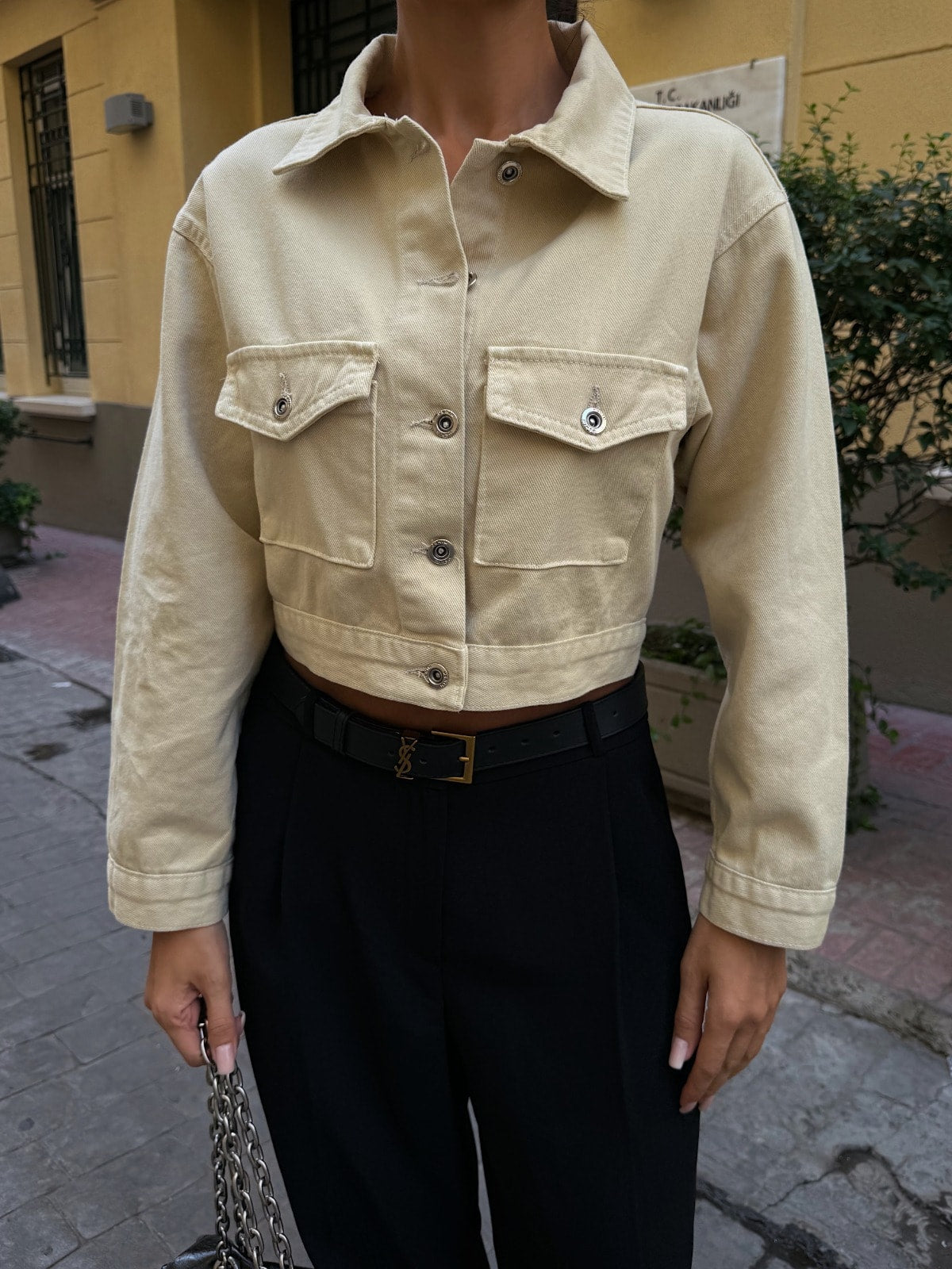 Çift Cep Denim Crop Ceket