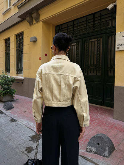 Çift Cep Denim Crop Ceket