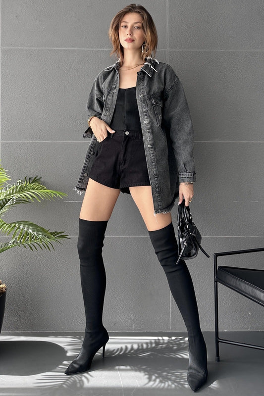 Çift Cepli Yırtık Detaylı Oversize Gömlek Ceket