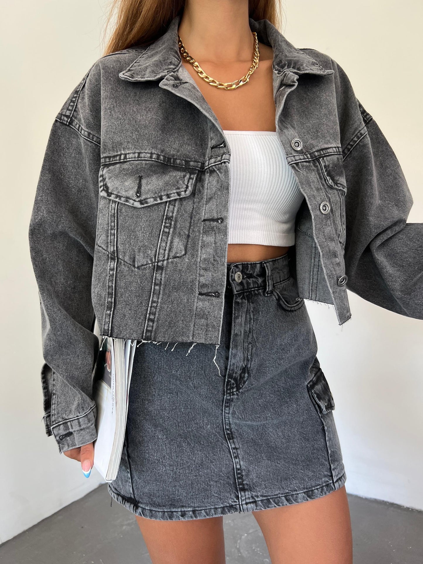 Çift Cepli Yıkamalı Crop Denim Ceket