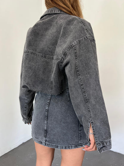 Çift Cepli Yıkamalı Crop Denim Ceket