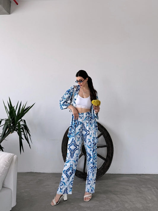 Desenli Kimono Ve Pantolon İkili Takım