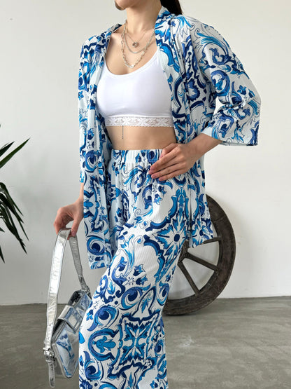 Desenli Kimono Ve Pantolon İkili Takım