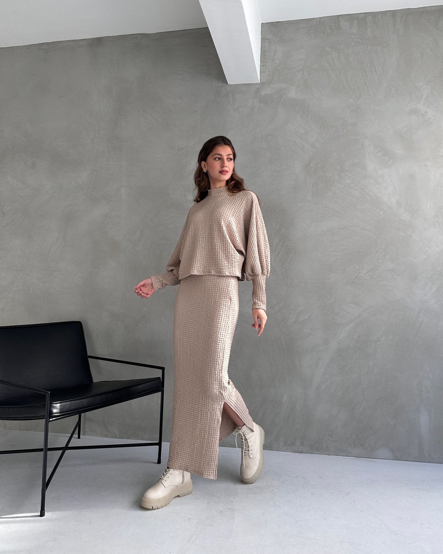 Dokulu Yırtmaç Detaylı Etek Ve Bluz 2Lİ Takım