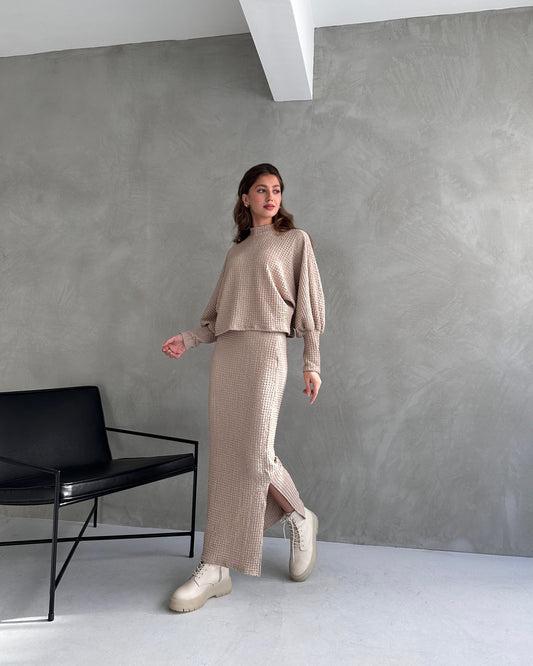 Dokulu Yırtmaç Detaylı Etek Ve Bluz 2Lİ Takım