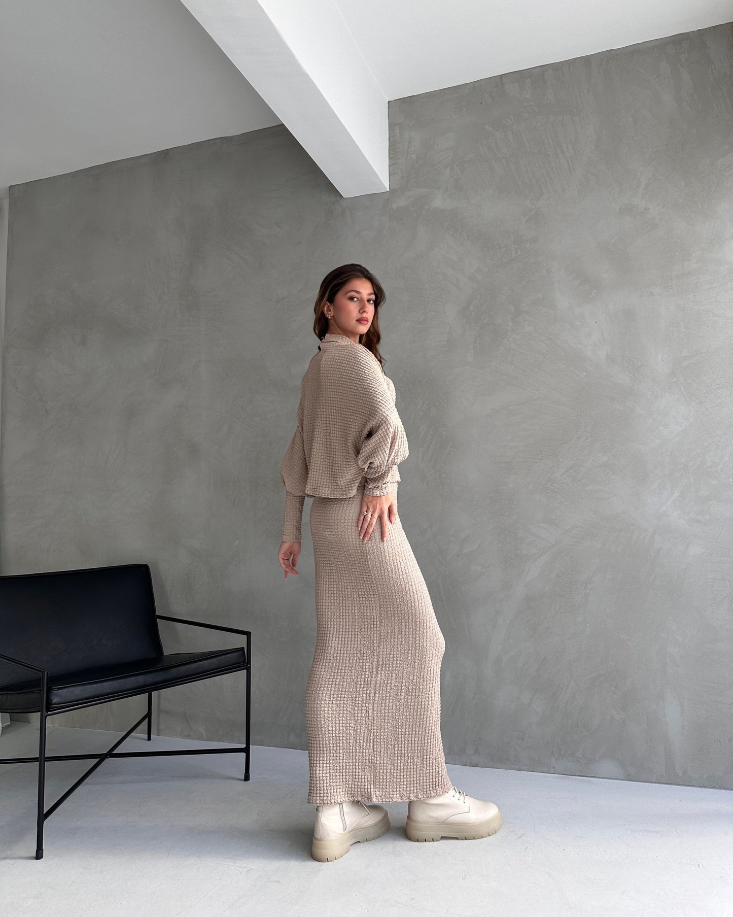 Dokulu Yırtmaç Detaylı Etek Ve Bluz 2Lİ Takım