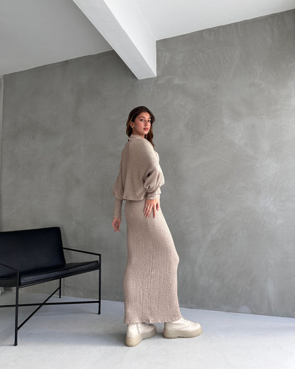 Dokulu Yırtmaç Detaylı Etek Ve Bluz 2Lİ Takım