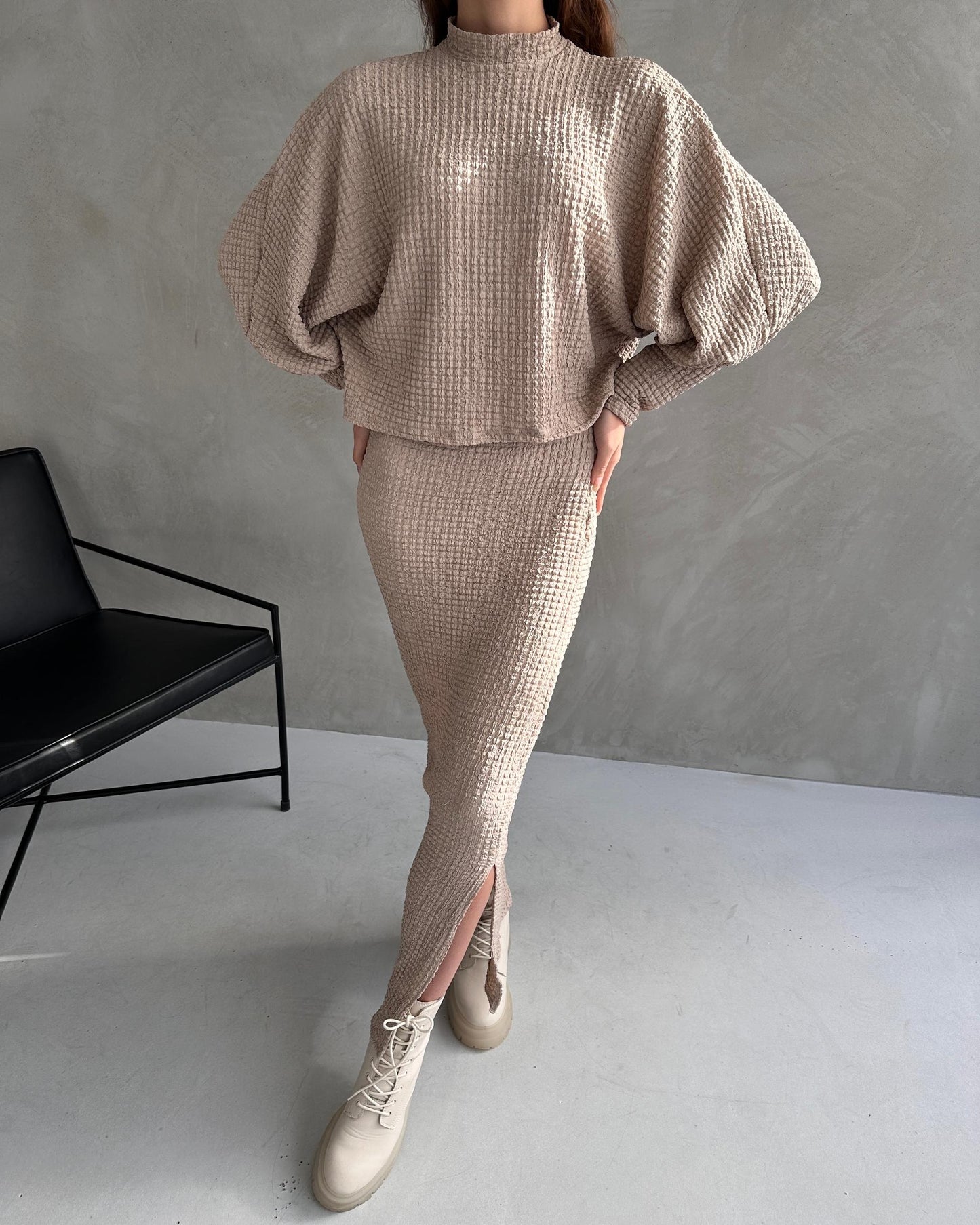 Dokulu Yırtmaç Detaylı Etek Ve Bluz 2Lİ Takım