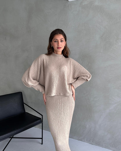 Dokulu Yırtmaç Detaylı Etek Ve Bluz 2Lİ Takım