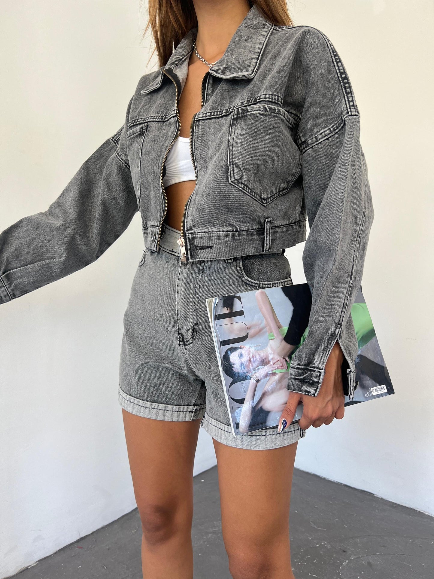 Fermuarlı Çift Cepli Denim Ceket