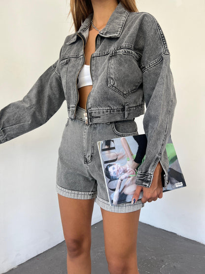 Fermuarlı Çift Cepli Denim Ceket