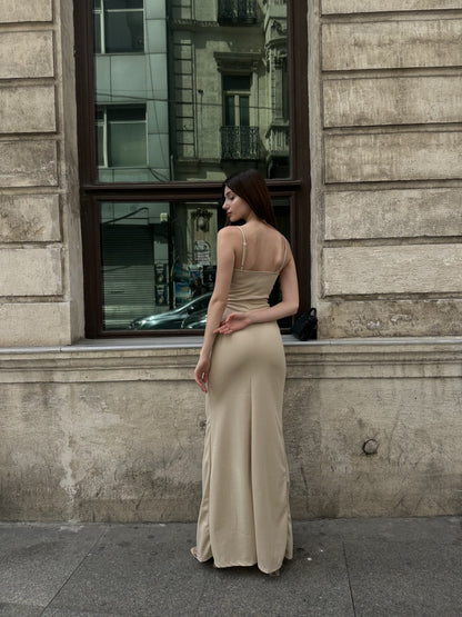 İp Askılı Etek Ucu Volanlı Midi Boy Elbise