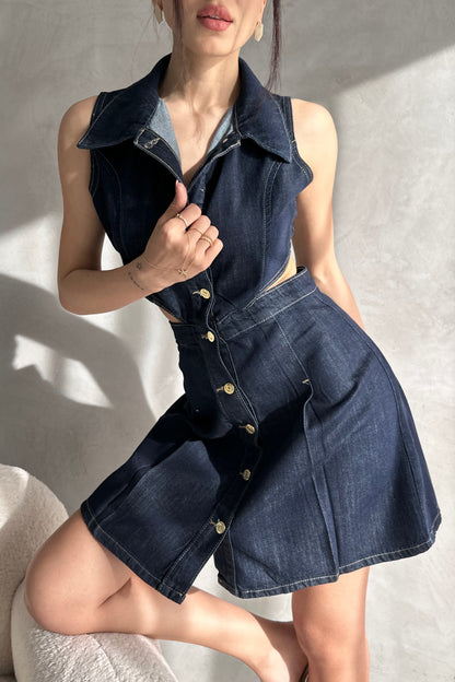 Kolsuz Bel Dekolteli Jean Elbise