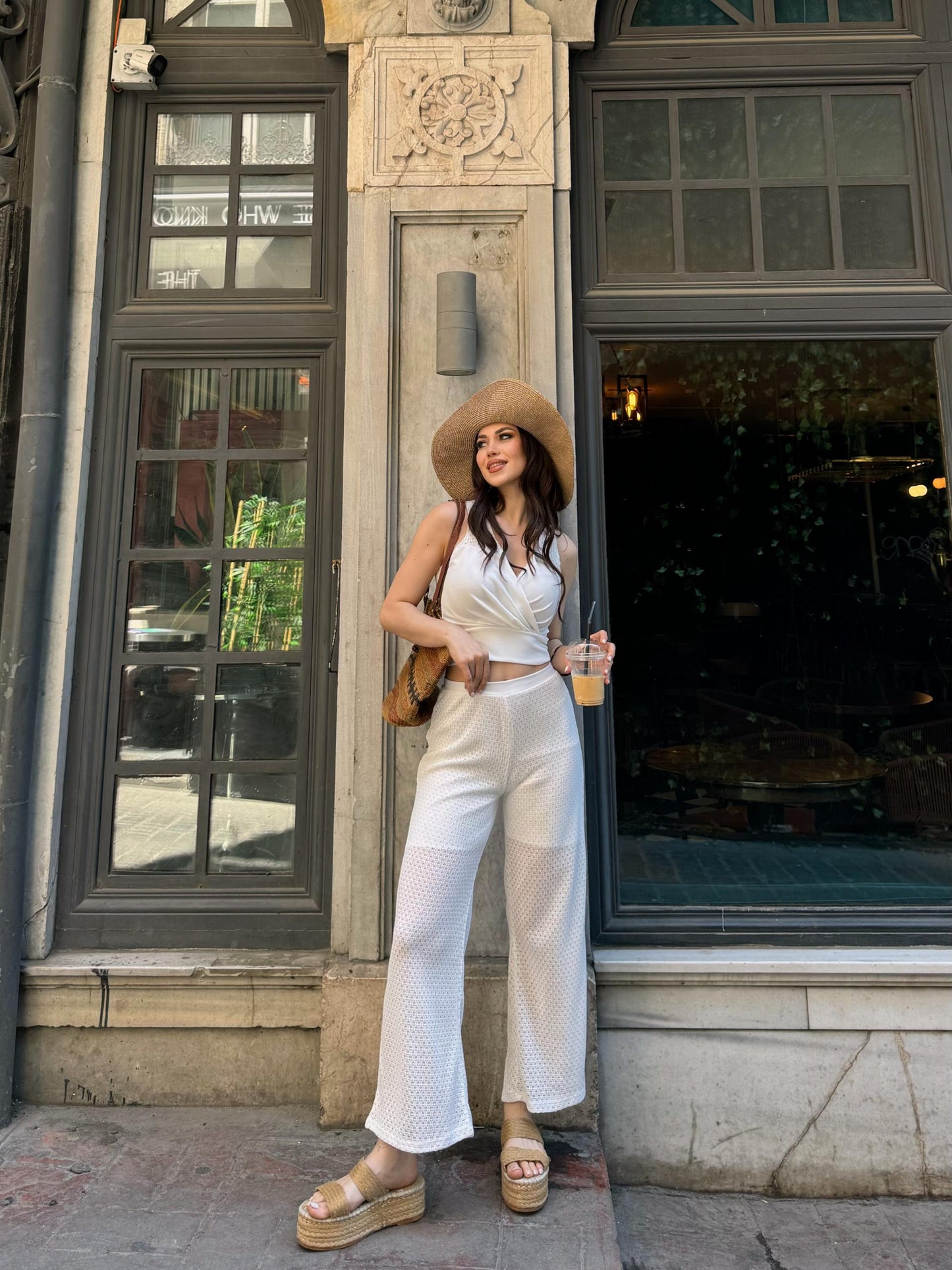 Kruvaze Yaka Crop Bluz Ve Detaylı Pantolon Triko  İkili Takım