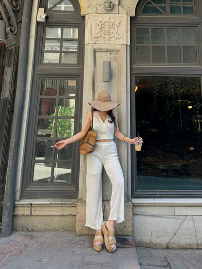 Kruvaze Yaka Crop Bluz Ve Detaylı Pantolon Triko  İkili Takım