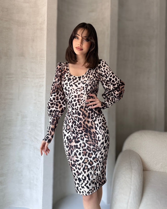 Leopar Desenli Midi Boy Elbise