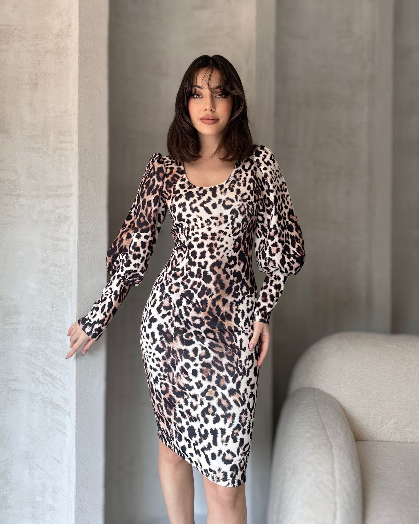 Leopar Desenli Midi Boy Elbise